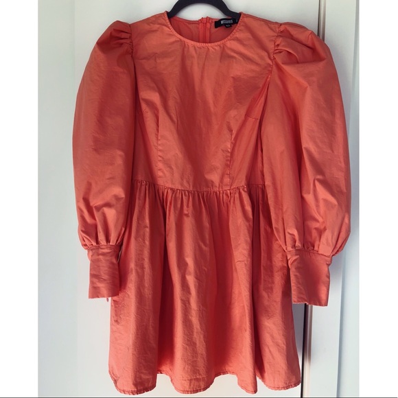 Peach Puff Sleeves Belted Mini Dress - Picture 2 of 4